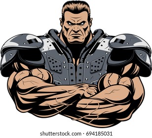 Vector illustration of an American football player with big muscles in protective gear, on a white background.