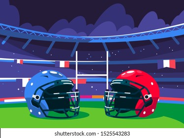 Vector illustration of American football stadium, American football helmets, stands, gates