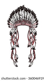 vector illustration American Indian headdress with feathers and ribbons