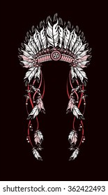 vector illustration American Indian headdress with feathers and ribbons