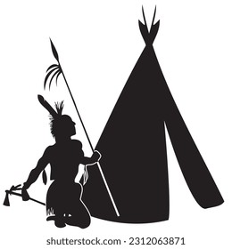 Ilustración vectorial de un indio americano con una lanza y un tomahawk sobre el fondo de una wigwam
