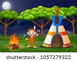 vector illustration of American indians at campsite