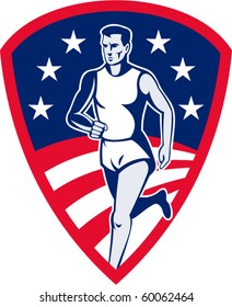 vector illustration of an American Marathon athlete sports runner with stars and stripes and set in shield done in retro style.