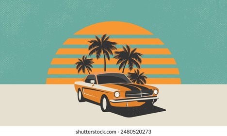 Ilustración vectorial de un coche muscular americano con puesta de sol y palmeras de estilo retro con colores vintage