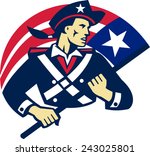 vector illustration of an american patriot minuteman militia revolutionary soldier holding stars and stripes flag of united states done in retro style. 