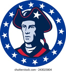 vector illustration of an american patriot minuteman militia revolutionary soldier set inside circle with stars around done in retro style.