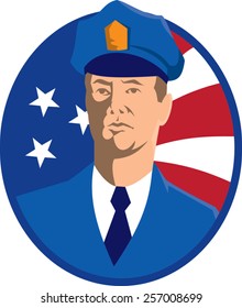 vector illustration of an american police officer policeman with stars and stripes flag set inside circle done in retro art deco style.