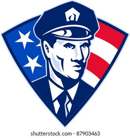 vector illustration of an American policeman police officer security guard with stars and stripes flag set inside shield done in retro style.