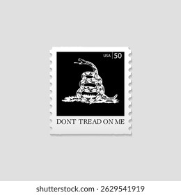 Ilustração vetorial de um selo postal americano com a cobra da bandeira de Gadsden e o slogan "Don’t Tread on Me". Símbolo de liberdade, resistência e identidade patriótica.
