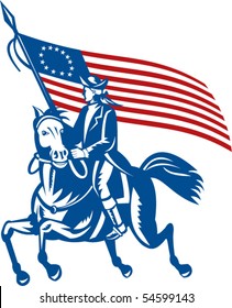 Vector Illustration Of An American Revolutionary General A Riding Horse With Betsy Ross Flag