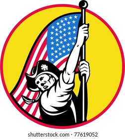 vector illustration of an American revolutionary soldier with stars and stripes flag looking to side set inside circle. done in retro style