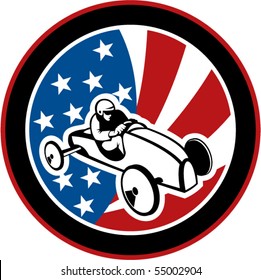 vector illustration of an american Soap box derby car with stars and stripes in the background.