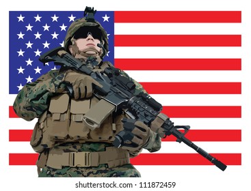 Vector Illustration Of An American Soldier In Front Of The USA Flag