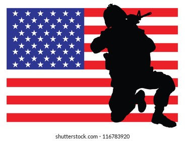 Vector illustration of an american soldier in front of the USA flag