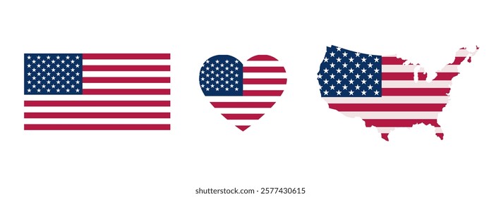 Vector illustration of American symbols includes USA flag, map and heart  isolated on white background.  