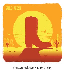 Vector illustration of American Texas desert with yellow sun. Wild West cowboy boot 