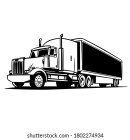 
vector illustration with american truck on highway, expedition truck background, Classic American Truck. Black and White Vector Illustration