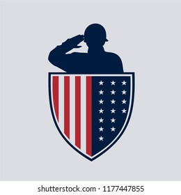 Vector illustration of American veterans day, 11th November with silhouette of saluting soldier and American flag inside a shield