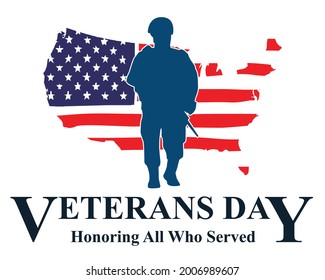 Vector illustration of American veterans day, 11th November with USA flag, map and soldier. National American holiday event.