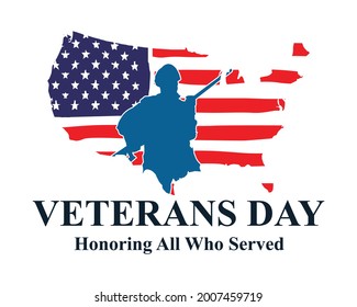 Vector illustration of American veterans day, 11th November with USA flag, map and soldier. National American holiday event.