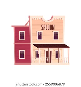 Vector illustration in American western style with a wooden house with a saloon sign. A design element from the wild West on a white background