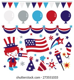 A vector illustration of americana patriotic design elements. Included in this set:- balloons, buntings, banners, flags, firecrackers, party hats and more. 