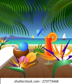 vector illustration, amid tropical beach cocktail and  fruits, palm trees, coconuts, pineapples