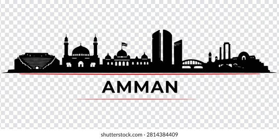 Vector illustration of Amman city skyline, Jordan. Detailed silhouette of famous landmarks and buildings in Amman, isolated on a transparent background.
