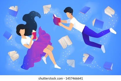 Vector illustration among the flying books girl and man read books.Design  for online education, training and courses, learning, video tutorials. Can be used for banner, postcard, web site.