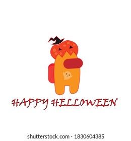 Vector illustration: among us happy helloween custon with boo oh body and happy helloween font