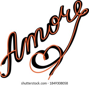 Vector illustration AMORE, printing for t-shirts, posters, postcards, banners, etc. Stylish LOVE lettering compositions.