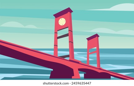 Vector illustration of Ampera Bridge: iconic landmark of Palembang. Graphic style, silhouette over Musi River, evokes historic cityscape