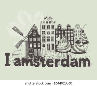 Vector illustration of Amsterdam attractions in black and white colors