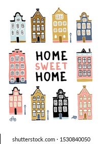 Vector illustration of Amsterdam city architecture, bicycles with home sweet home lettering. Travel poster, postcards, greeting cards template. Hand drawn scandinavian style vector illustration.