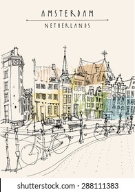 Vector illustration of Amsterdam city architecture, bridge, bicycles. Traditional old buildings. City skyline. Old houses. Travel poster, postcards, greeting cards template. Hand drawn vintage sketch