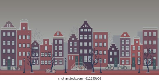 Vector illustration of Amsterdam city on a rainy day. Typical houses and bikes. Subdued colors.