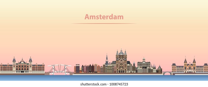 vector illustration of Amsterdam city skyline at sunrise