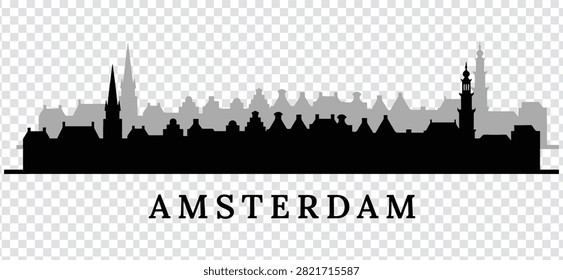 Vector illustration of Amsterdam city skyline, featuring iconic Dutch canal houses and historic towers, isolated silhouette design.