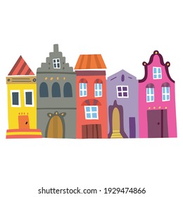 Vector Illustration of Amsterdam Cute and Colourful Houses. Vector image isolated on a white background. 