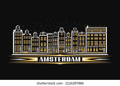 Vektorgrafik von Amsterdam, dunkles horizontales Poster mit linearem Design berühmtes Amsterdamer Stadtbild auf dunklem Himmelhintergrund, urbanes Kunstkonzept mit dekorativem Buchstaben für das Wort Amsterdam