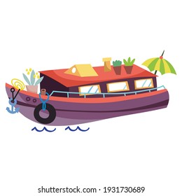 Vector Illustration of an Amsterdam Houseboat with flowerpots on the roof . Vector image isolated on a white background. 