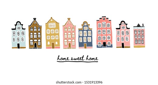 Vector illustration of Amsterdam houses and lettering. Traditional old buildings. Travel poster, postcards, greeting cards template. Hand drawn scandinavian style vector illustration.