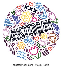 Vector illustration of Amsterdam. Round pattern with isolated elements.