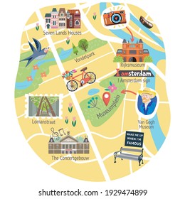 Vector illustration of Amsterdam Touristic Attractions Guide. 