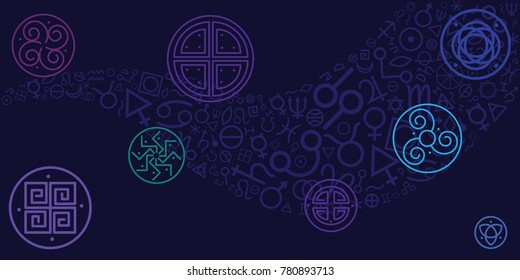 vector illustration of amulets and spiritual symbols on dark blue sky background for magical protection and luck