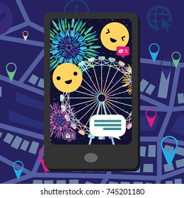 vector illustration for amusement park with augmented reality elements emoticons and comments for urban information visualization concepts
