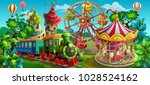 Vector illustration. Amusement park. Carousel, Ferris wheel, train.