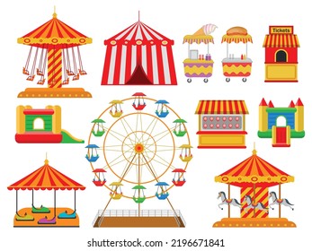 Ilustración vectorial de un parque de atracciones para niños. Rueda de la fortuna, galería de tiro, circo, columpio, trampolín, coches, caballos.