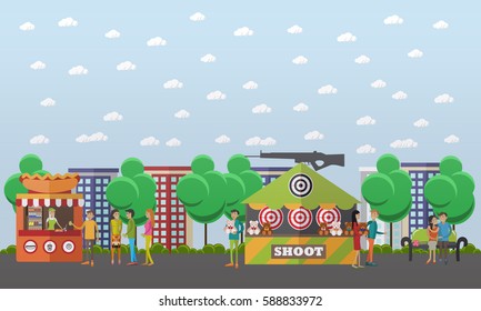 Vector illustration of amusement park concept design element with shooting range attraction, street food, hot dog stall and people sellers and buyers. Cartoon characters, flat style.