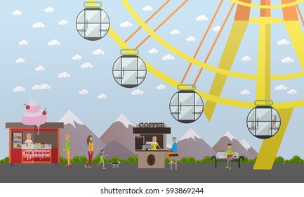 Vector illustration of amusement park concept design element with ferris wheel attraction, ice cream and coffee stalls, salesgirls and buyers, walking people. Cartoon characters, flat style.